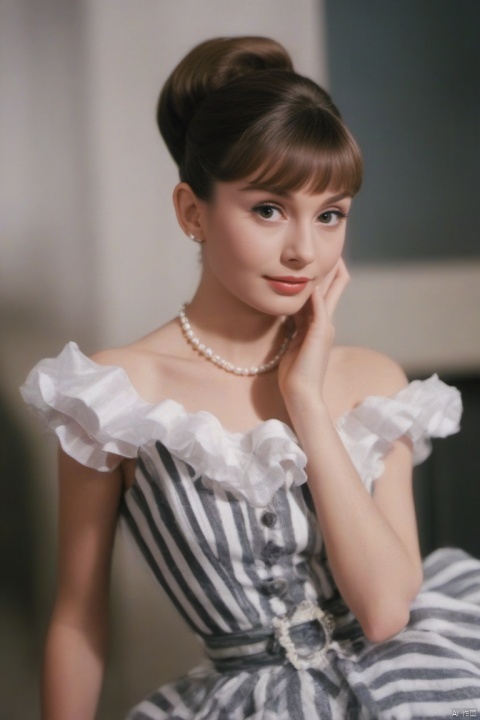  (masterpiece, best quality, hyper realistic, raw photo, ultra detailed, extremely detailed, intricately detailed), (photorealistic:1.4), (photography of Audrey Hepburn wearing a fashionable Striped off-the-shoulder ruffle hem dress, designed by Hubert de Givenchy, ), (smile), fairy, pure, innocent, beauty, (slender), super model, adr, Breakfast at Tiffany's, Sabrina, (glide_fashion), depthoffield,(fullshot),filmgrain,zeisslens,symmetrical,8kresolution,octanerender(OC渲染),extremelyhigh-resolutiondetails,finetexture,dynamicangle,fashion(时尚), fashion,,