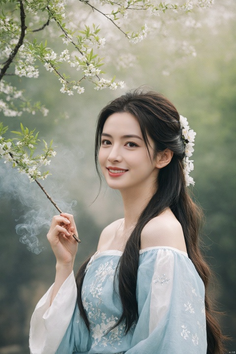  best quality, masterpiece,cowboy_shot,(Good structure),,a girl,xianjing,Off-the-shoulder, bust photo,upper body,Hanfu, Cloud, Smoke,branch,flower, smile,Gaze at the audience, Ink scattering_Chinese style, ((poakl)), ,looking_at_viewer,kind smile, , chinese dress,white dress, liuyifei,long_hair, Anne Hathaway