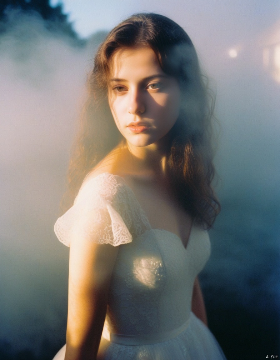  a girl close up,tyndall effect,wedding dress,foggy,dark shadow photography,surreal dramatic lighting shadow (lofi, analog),kodak film by Brandon Woelfel Ryan McGinley,
, xxmixgirl, sunlight