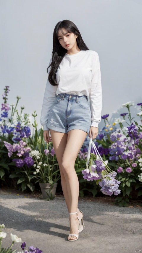  Girl's Full Body Photo, Winter, Realism, 8K, Sexy Short Jeans, White Shirt Long Sleeve, Detail Face, Pretty Face, Master of Light, Huge Flowers, Long Bare Legs, High Heels, Light, Blue Theme, World of Flowers, Big Breasts,shorts