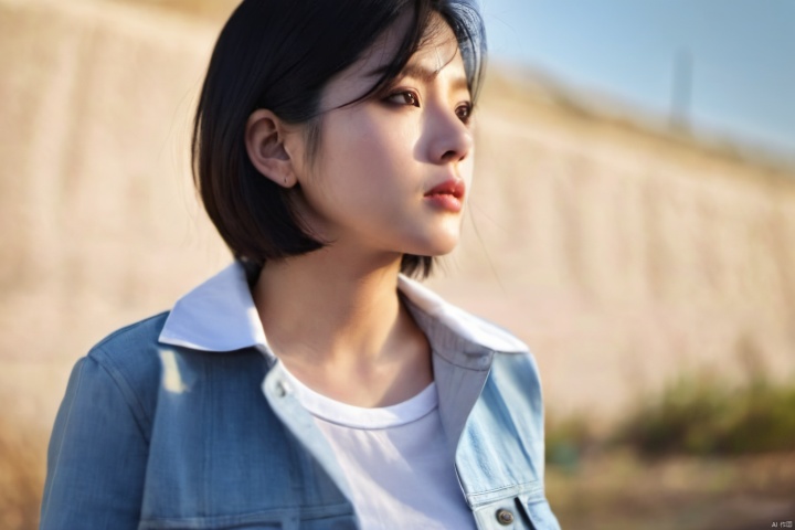  1girl, solo, blurry background, black hair, outdoors, light on face, blurry, black eyes, upper body, lips, day, sky, realistic, blue sky, shirt, white shirt, short hair, jacket, closed mouth, looking to the side, Zhenxin, best quality, photo \(medium\), realistic, (extremely detailed face:1.2), (extremely detailed eyes:1.2), epic, gorgeous, film grain, grainy, highly detailed, detailed skin texture