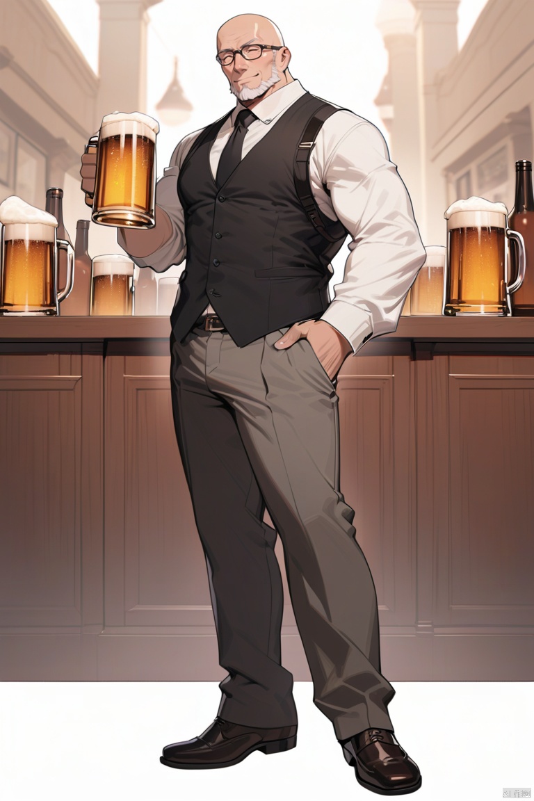  (best quality), ((masterpiece)), (highres), illustration, original, extremely detailed,jjj, bald, 1boy, male focus, solo, mug, facial hair, cup, mature male, necktie, beard, beer mug, hand in pocket, old man, pants, glasses, holding, shirt, holding cup, full body, black vest, muscular male, bara, old, smile, muscular, vest, white background, black necktie, white hair, pectorals, formal, white shirt, closed eyes