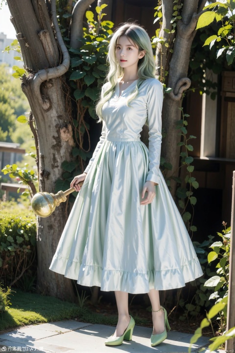  (1girl:0.6),thin,very long hair,(((white hair))),(((green hair end))),small breasts,yellow eyes,closed mouth,green lolita,(Long handled Wooden staff),green leaf like hairpin,white long stocks,happy,sun,sky,trees,flowers,forest,countryside,full body,masterpiece,best quality,official art,extremely detailed CG unity 8k wallpaper,1girl,cozy anime,Anime style, christmas, 1girl,high_heels, subway,yellow_footwear,underwear