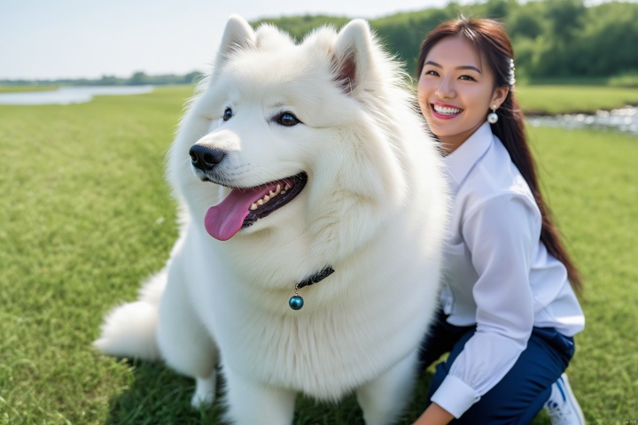  park,a girl,smiling,white shirt,black pearl,earrings,(utimate face detail:1.4),(beautiful face:1.4),samoyed (dog),playing around,grassland,river,detail,(depth_of_field:1.1),blue trouser,white vans,healthy teeth,long stright hair,playground