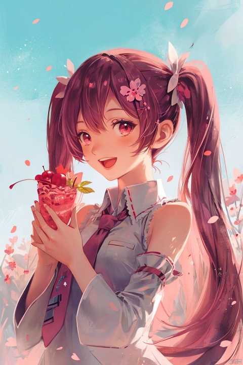  1girl, solo, long hair, looking at viewer, smile, open mouth, bangs, shirt, hair ornament, holding, hair between eyes, bare shoulders, twintails, very long hair, white shirt, upper body, pink hair, flower, :d, detached sleeves, necktie, teeth, sleeveless, collared shirt, pink eyes, petals, sleeveless shirt, floating hair, upper teeth only, cherry blossoms, pink flower, food-themed hair ornament, pink theme, falling petals, pink necktie, pink sleeves, cherry hair ornament, hatsune miku, sakura miku