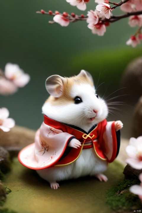  
Hamster, Hamster, （ the hamster in the luxurious Hanfu）, walks in a beautiful scenery, the cherry blossoms fall, the world is so beautiful, Micro landscape, chineseclothes, micro landscape