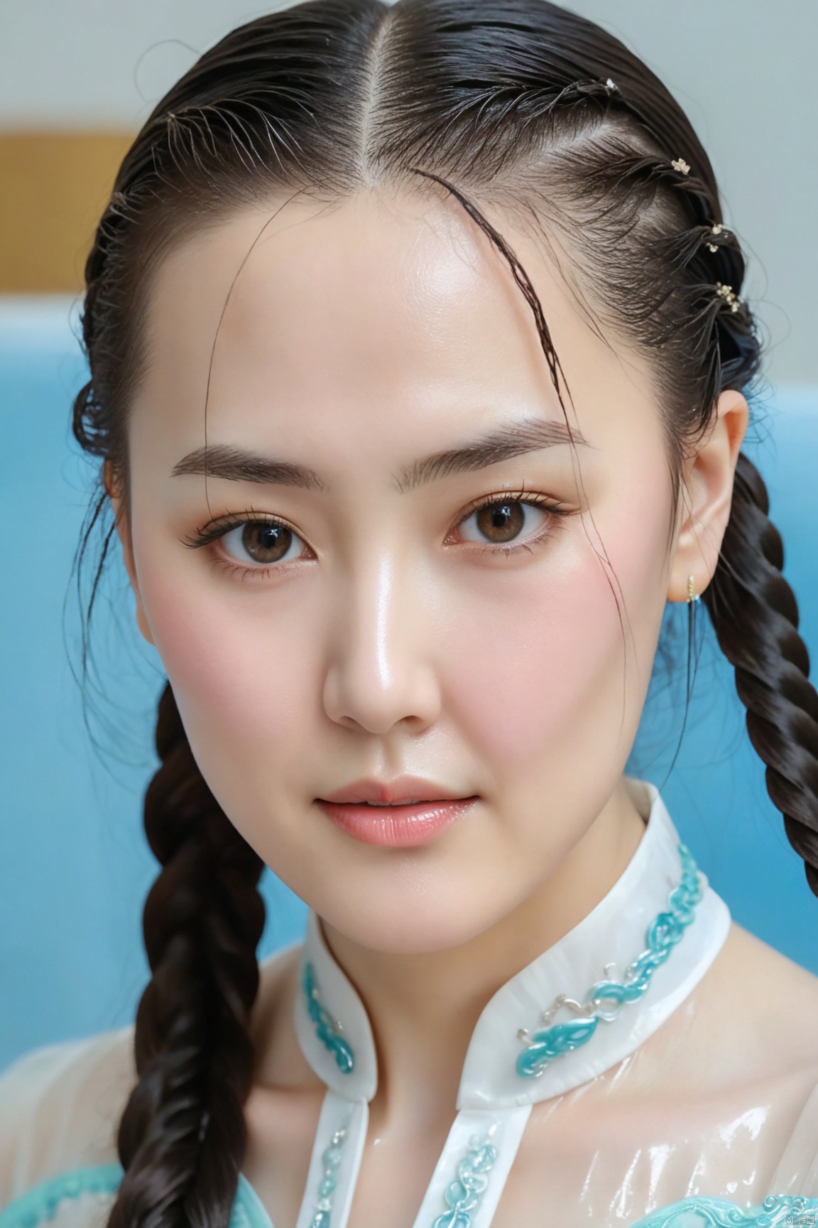  arien_hanfu,She is only forty-six years old, Getting wet, soaking through,A stunning young girl,gigantic breasts,dream,twin_braids,Wet hair,she hair is soaked through,crying,milk on face,Hair_dripping,face_dripping
