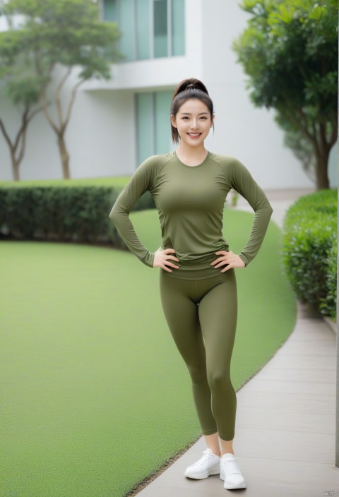  The woman in the image is wearing a green yoga suit and is of average appearance. She has her hair tied in a high ponytail and is wearing white sneakers. She is standing on a path in front of a building with a lawn behind her. Her hands are on her hips and she is looking to the side with a smile on her face. Her expression conveys a sense of vitality and fitness.chinese,