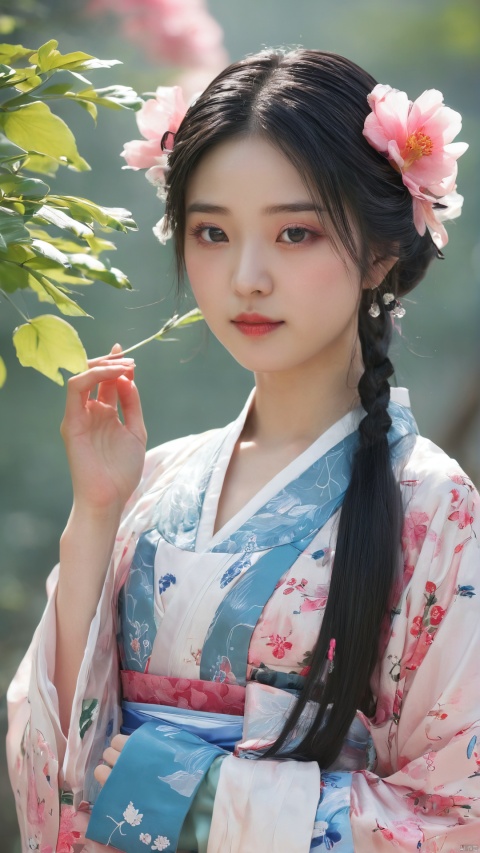  arien_hanfu,1girl, solo, flower, long hair, black hair, hair ornament, (big breasts:1.39),hair flower, blue eyes, floral print, chinese clothes, looking at viewer, detached sleeves, full body, white flower, parted lips, dress, pink flower, china dress, bare shoulders, blush, red flower, eyelashes, white dress, lips, sleeveless, parted bangs, grey background, gongzhuqie, neon_dress,huansha, glowing,lens flare,big leaf,plant, wind, chang,(big breasts:1.5),