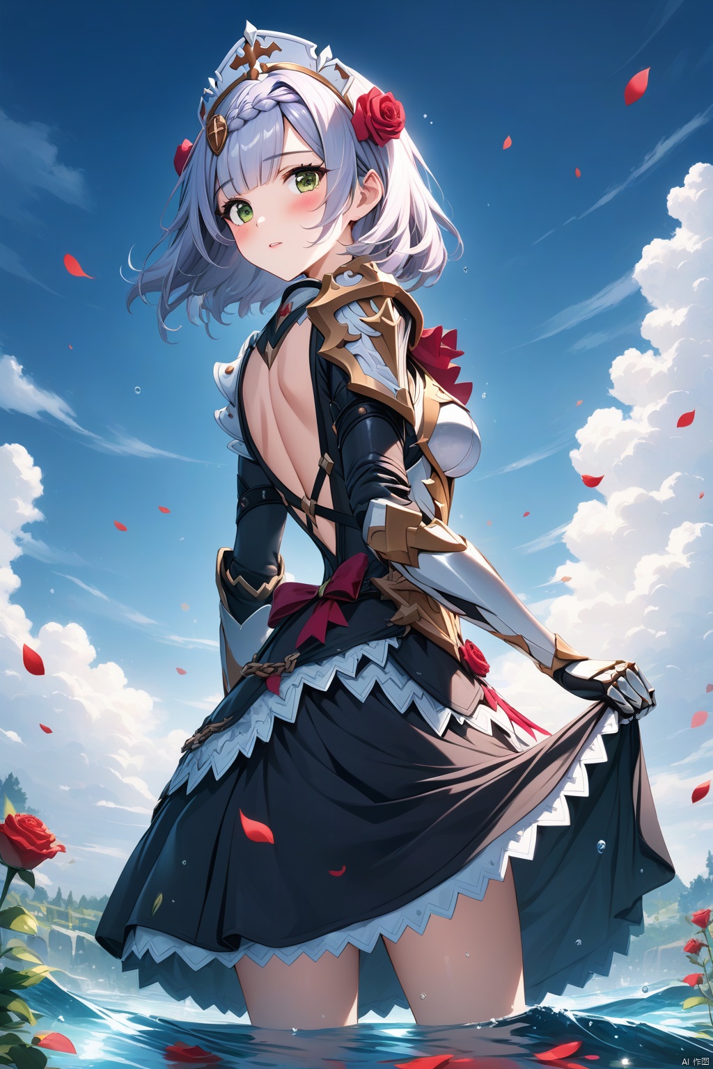  (masterpiece), (best quality), illustration, ultra detailed, hdr, Depth of field, (colorful),[Xnkzzmcz],[iumu],noelle (genshin impact), 1girl, solo, short hair, braid, armor, looking at viewer, green eyes, petals, wading, flower, skirt hold, rose, hair ornament, grey hair, maid headdress, looking back, water, shoulder armor, red rose, red flower, dress, maid, bangs, from behind, armored dress, gauntlets, hair flower, blush, standing, Illustration