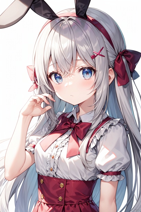  loli,petite,1girl, solo, bow, upper_body, long_hair, short_sleeves, hair_ornament, red_bow, rabbit_ears, puffy_sleeves, puffy_short_sleeves, animal_ears, hand_up, hairclip, breasts, looking_at_viewer, closed_mouth, center_frills, bangs, x_hair_ornament, simple_background, white_background, grey_hair, shirt, :<, hair_bow, bowtie, frills, pink_dress, hairband, white_shirt, collared_shirt, grey_eyes, two_side_up, red_bowtie