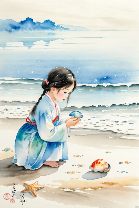  A little girl crouches on the beach, holding a colorful shell in her hands, her eyes full of wonder. Gentle waves lap at the shore, and sunlight sparkles on the sea, creating a serene and beautiful scene., traditional chinese ink painting,black and white ink painting, hanfu