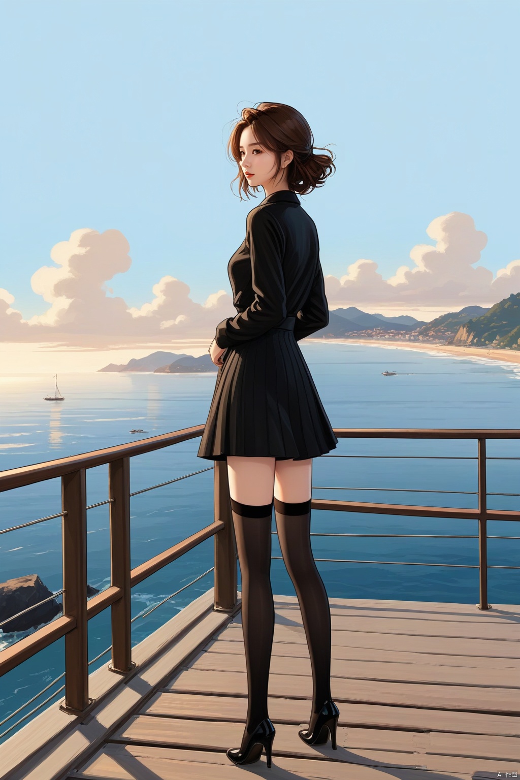  Girl in black stockings standing on the bridge looking at the sea, The style is realistic and stylized, cabincore, animated gif, atmospheric device, light gray and bronze, painting, rinpa school