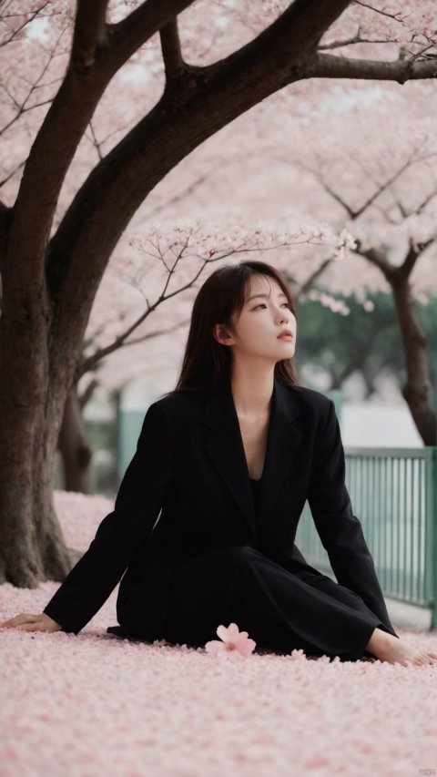  1girl, [sitting under the sakura tree, knee up], (from below, wide shot, mid shot, full body, panorama, depth of field), (looking up), (pink petals, tyndall effect),,,,,,
