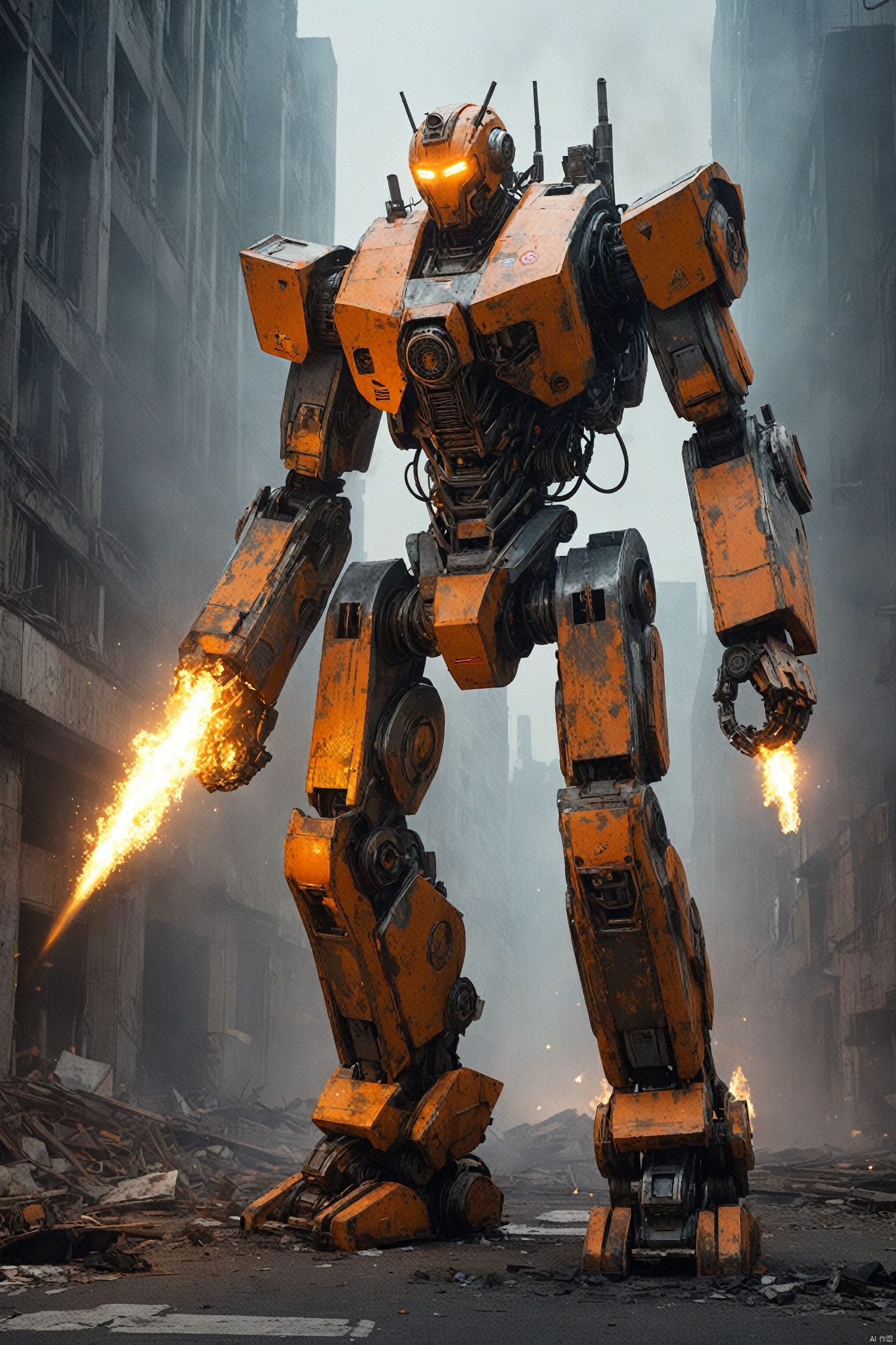 
Under the dark night sky, a giant robot stood tall. Its massive body, like a mountain, gives a sense of unshakable existence. The robot's body is made of an unknown material that looks hard and elastic, as if it were alive.
The robot's head is uniquely designed with a bright orange core at its center, which is its source of energy and where it thinks. Two orange eyes shone in the night, as if they could see everything. Its hair is thick orange lines, like tentacles extending from the core, giving it unique life and adding to its majesty.
The robot burns with orange flames, which are not for decoration, but to protect and repair the robot. Flames jumped and burned across the robot's body as if it were part of itself. This flame gives the robot life and power, making it more visible and powerful in the dark.
In the background is a scene of a ruined city. Tall buildings were burning, buildings collapsed, and smoke and dust filled the roads. The firelight lit up the sky, creating a cruel and spectacular scene with the flames on the robot. The whole city seems to be in a great disaster, and this robot is the only existence that can save the city.
Mech warrior,full body,magnificent,
render,technology, (best quality) (masterpiece), (highly detailed), game,4K,Official art, unit 8 k wallpaper, ultra detailed, beautiful and aesthetic, masterpiece, best quality, extremely detailed, dynamic angle, atmospheric,high detail,exquisite facial features,science fiction,CG,机甲, fire element