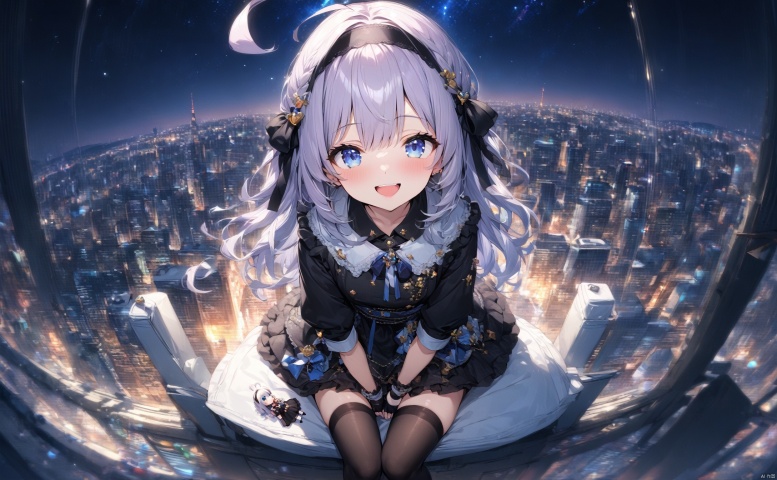  1girl, solo, ahoge, virtual youtuber, flower, looking at viewer, sitting, open mouth, smile,bangs,between legs, :d, hand between legs, purple background, feet out of frame,haoche\\\\\\\\\\\\\\The girl on the top of the building, the starry sky, the meteor crossed, the city skyline behind her was extremely beautiful, the breeze was blowing, the girl's heart was confused, her face was red, and she stroked her hair\\\\\\\\\\\\\Top view, panorama, fisheye lens,\\\\\\\\\\\\\\liuying,def clothe,1girl,black thighhighs,blue eyes,hairband,long hair,black hairband,fingerless gloves, skirt,
//BREAK,
fine fabric emphasis, maximalism, best quality, amazing quality, very aesthetic, absurdres, best quality, amazing quality, very aesthetic, absurdres, Highly detailed, best quality, masterpiece, tr mini style, Sewing doll, 3DIP