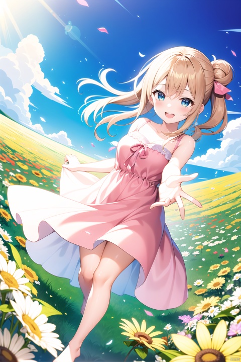  1girl, radiant and joyful, sunlit meadow, wearing a flowing sundress in pastel hues of pink and yellow, hair tied up in a loose bun adorned with wildflowers, barefoot and twirling among the blooming daisies, infectious laughter echoing across the field, holding a vibrant parasol against the bright sky, carefree expression, sparkling blue eyes reflecting the sunlight, warm breeze lifting her dress and spirits, butterfly resting on her outstretched finger, playful interaction with nature, capturing a moment of pure bliss, sunshine glistening off her skin, a symbol of youthful optimism