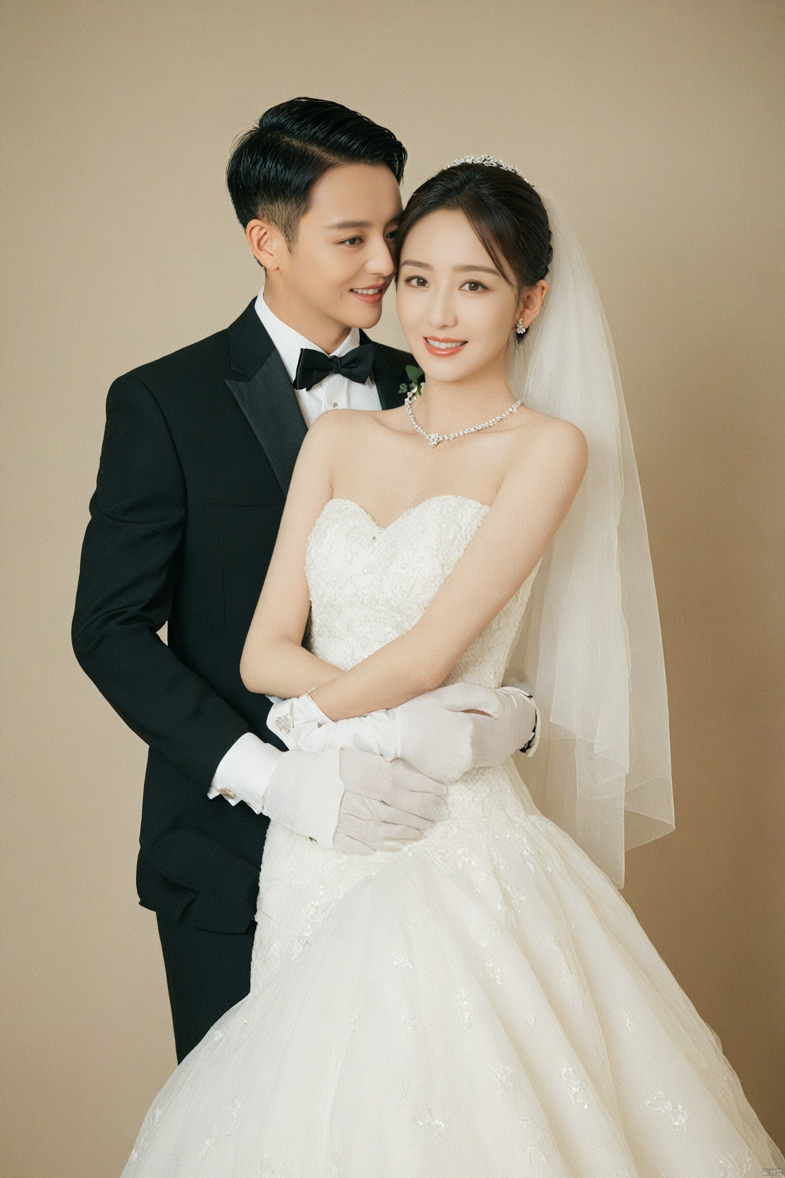  wedding attire,couple,bride,groom,wedding gown,tuxedo,bridal veil,gloves,bouquet,happy expression,posing,studio portrait,elegance,formal wear,Asian ethnicity,side glance,romantic,standing pose,timeless,sophisticated,muted colors,soft lighting,textured background,, masterpiece,best quality,ultra-detailed, , yaya
