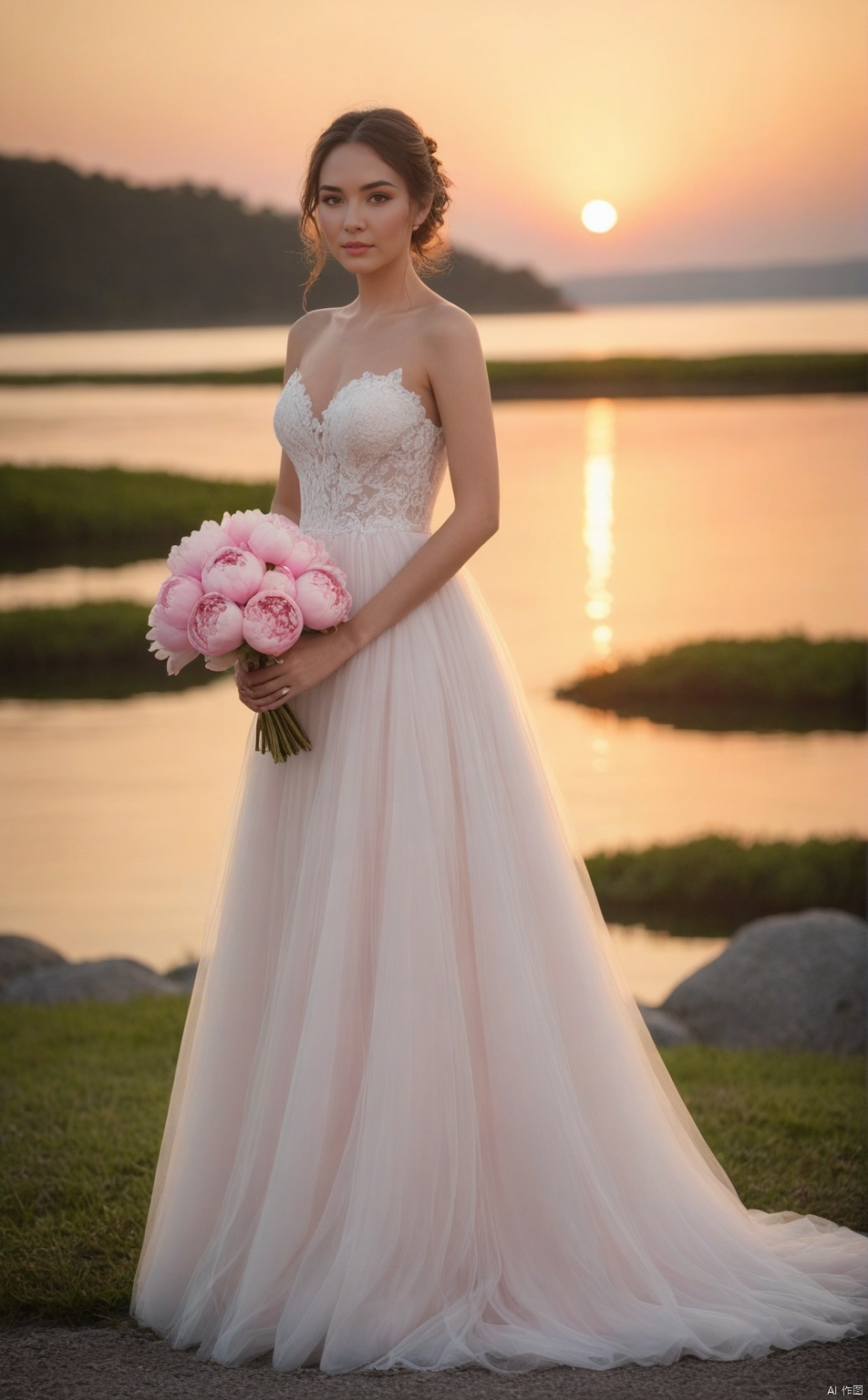  masterpiece, dreamy_waterfront_wedding_gown_photography, 10K resolution, (ethereal_romance:1.3), delicate_details, soft_lighting,
1 bride, wearing_a_lace_and_tulle_ball_gown, holding_bouquet_of_peonies, standing_by_the_shoreline, solo_shot, flowing_hair, radiant_expression, graceful_pose, slender_build,
serene_lake_view, sunset_reflections, rippling_water, (pastel_tones:1.2),
three-quarter_view, shallow_depth_of_field, Canon EOS R5 with AI-supported lens, ISO400, f/2.8 aperture, shutter_speed_1/160s,
gossamer_dress_floating_in_breeze, character_basking_in_evening_light, capturing_the_magical_moment_of_a_bride_at_water's_edge., girl