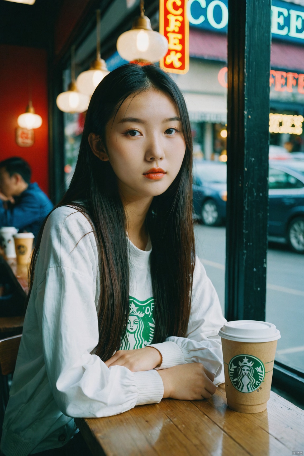  photography shot trough an outdoor window of a coffee shop with neon sign lighting, window glares and reflections, depth of field, young chinese girl sitting at a table, portrait, kodak portra 800, 105 mm f1. 8