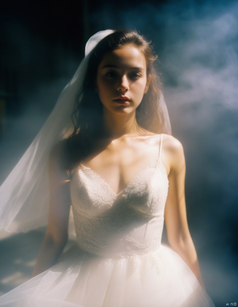  a girl close up,tyndall effect,wedding dress,foggy,dark shadow photography,surreal dramatic lighting shadow (lofi, analog),kodak film by Brandon Woelfel Ryan McGinley,
, xxmixgirl, sunlight