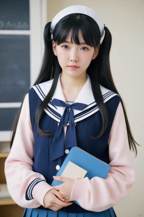  ningen mame, quality good, 1girl, ui (blue archive), solo, book, long hair, black hair, holding book, holding, hairband, bangs, bags under eyes, blue hairband, sailor collar, blush, long sleeves, looking at viewer, cardigan, closed mouth, white sailor collar, hair between eyes, school uniform, halo, upp