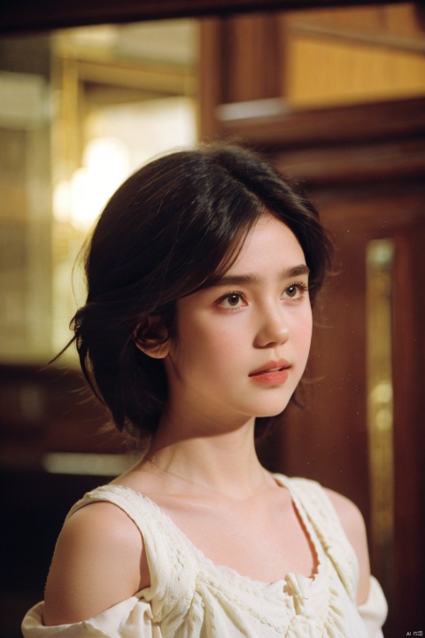  1 girl, looking at the audience alone, Flecks, shadows, short hair, Bangs, brown hair, black hair, bare shoulders, upper body, parted lips, lips, portraits, nose