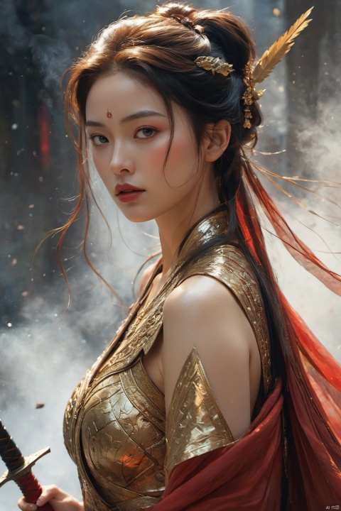  ultra high resolution,(((masterpiece))),(((best quality))),((super detailed)),((extremely delicate and beautiful)),cinematic light,detailed environment,(real),(1girl, solo:1.3),(holding sword:1.2),(dark red and light gold:1.3),(hair pulled back, floating hair:1.1),designed by greg manchess,smoke,a model woman,bright eyes,glossy lips,futuristic gold face war paint,trending on art station,photoreal,8 k,octane render by greg rutkowski,art by Carne Griffiths and Wadim Kashin,in the style of Dau-al-Set,Pollock,and inspired by MAPPA and Zdzislaw Beksinski,hanfu,