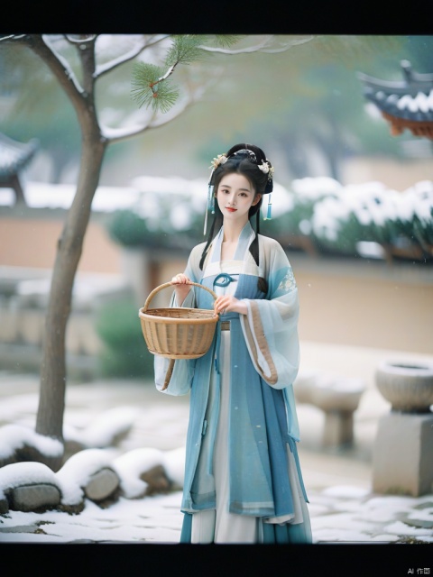  hanfu dress,a beautiful girl is standing,The Han costume of the Song Dynasty, the whole body,Flower basket,beautiful face,be affectionate,long eyelashes,high nose,Song Dynasty Hanfu, Winter, snowy days, snowfall, snow on tree tops, snow on the ground,gentle depth of field and soft bokeh,Capture the image as if it were taken on an 35mm film for added charm, looking at viewer,35mm photograph,The main color tone of the screen is blue, with a film style (aperture: f/1.4, ISO-100, focal length: 35mm), Full body, denim lens,film, bokeh, professional, 4k, highly detailed, MAJICMIX STYLE