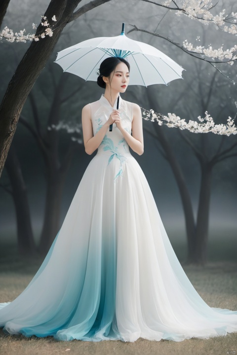  
/I Foreground a tree, Chinese beauty holding an umbrella, cyan and white color matching, ink painting minimalist style, large white space, tulle translucent material, soft gradient, perspective aesthetics