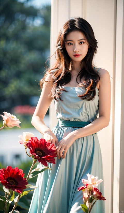  woman, flower dress, colorful, darl background,flower armor,green theme,exposure blend, medium shot, bokeh, (hdr:1.4), high contrast, (cinematic, teal and orange:0.85), (muted colors, dim colors, soothing tones:1.3), low saturation, 1girl