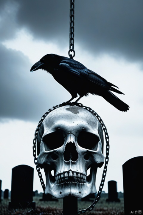  A crow sits on a large skull suspended by chains., realistic dark concept art, apocalyptic art, highly realistic concept art, detailed 4k horror artwork, 4K very detailed なデジタルアート, 4K concept art and Surrealism, stylized fantasy artwork, eerie nostalgic concept art, surreal concept art, blood spurting out, looking up to the sky, world of the dead, reminiscent of death, confusion, red liquid, flying ashes, floating objects, Giant floats, world of the dead, cross tombstones, (photo real: 1.4), shot with Canon 5D MK4, shot with Canon EOS 5D Mark IV, shot with Canon EOA 6d mark ii, very detailed texture, delicate eyes , double eyelids , very detailed , exquisite details , masterpiece , top quality , super detailed , dusty , windy