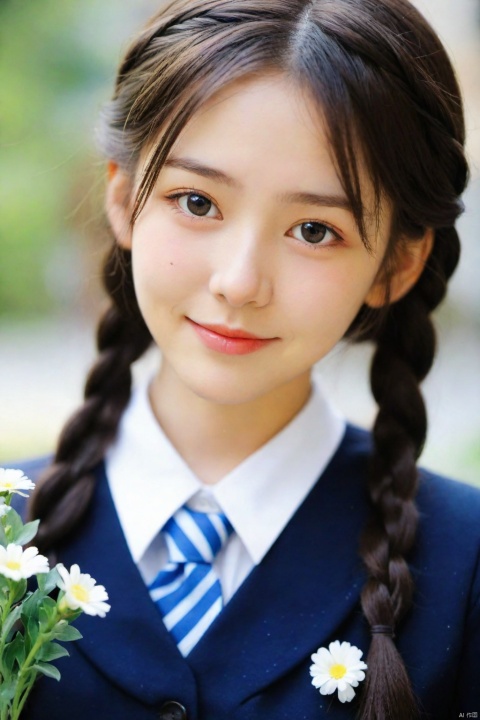  1girl, school girl,
smirk,
long face,
braid hair,
flowers, upper_body,,<lora:660447824183329044:1.0>