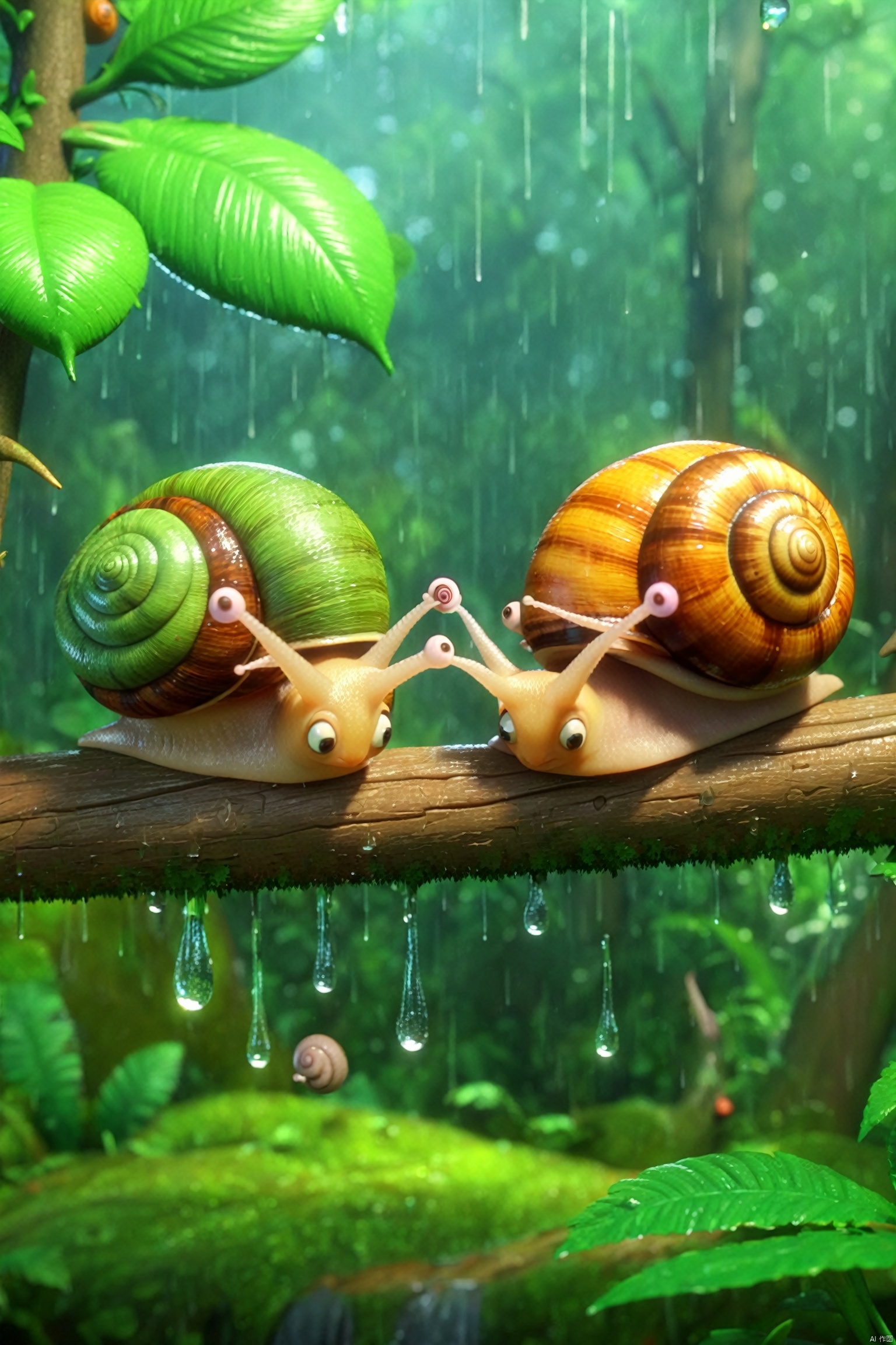  ((masterpiece)), ((best quality)), 3D animation style, two cute snails sitting on the tree branch looking at the rainforrest raining (Two snails sitting side-by-side:1.3)
, 3d stely, paopaoma