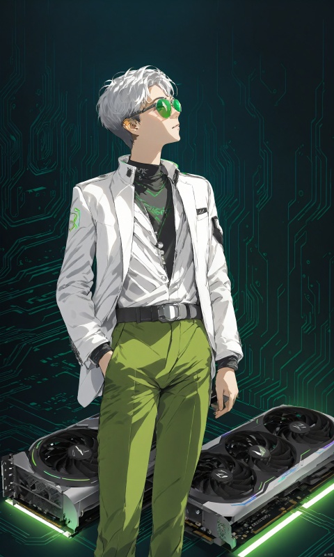 阿索, (masterpiece), (best quality),Science fiction, RGB, RTX, many graphics cards, graphics cards piled up in mountains, graphics card fans, green fluorescent tubes, boys holding up a graphics card with both hands, 1 boy, over 20 years old, outgoing, sunny and handsome, Green pants, white jacket, Stand up collar jacket, (sci-fi style), Silver short hair, white belt, Green pupils, solo, Illustration