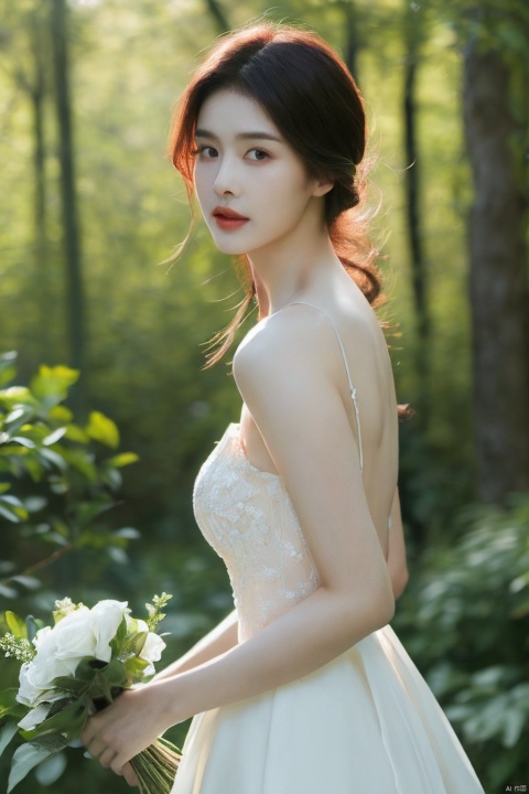  (realistic), (hyperrealism),best quality, masterpiece,ultra high res, (photorealistic:1.4),1girl,pale skin,skinny,(looking at viewer:2), ,forest, flowers, sunlight,
 , (tattered) wedding dress , bare shoulders, upper body,