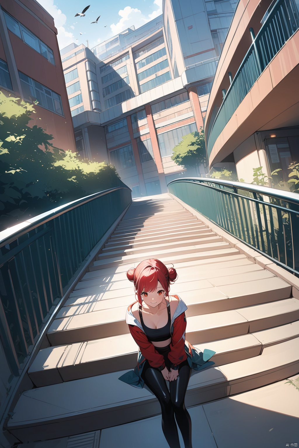  Bird&#39;s eye view, from above, fish eye view, perspective, stylish girl, smiling face, jacket, crop top, high waist leggings, designer sneakers, loose bun, jewelry, sitting on steps, focus on face, steps , railings, campus scenery, plants, architecture, bold colors, rich pictures, dynamic poses, perspective, dynamic,