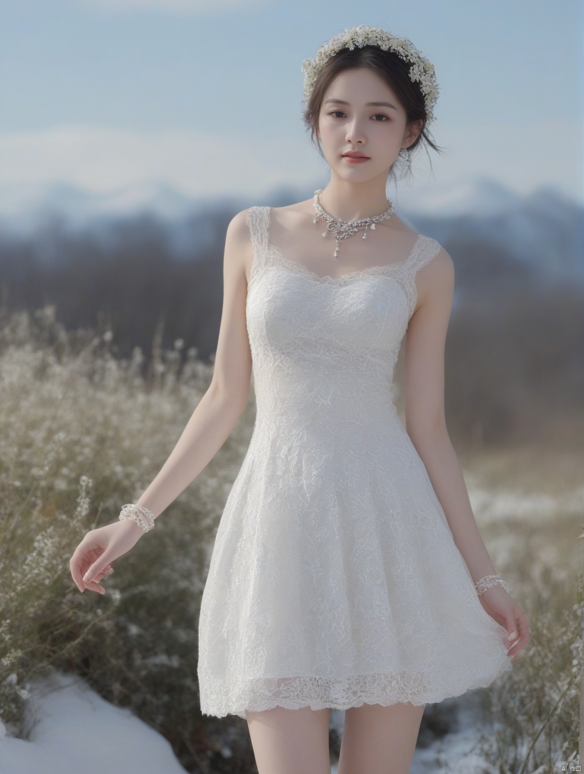  (((full body))), Realistic, masterpiece, highest quality, high resolution, extreme details, 1 girl, solo, bun, headdress, delicate eyes, beautiful face, shallow smile, delicate necklace, suspender dress, white lace dress, light gauze, snow-white skin, delicate skin texture, silver bracelet, pantyhose, high heels, elegant standing, outdoor, blue sky, white clouds, flowers, flowers, grass, movie light, light, light tracking, (Nikon AF-S 105mm f / 1.4E ED), MAJICMIX STYLE