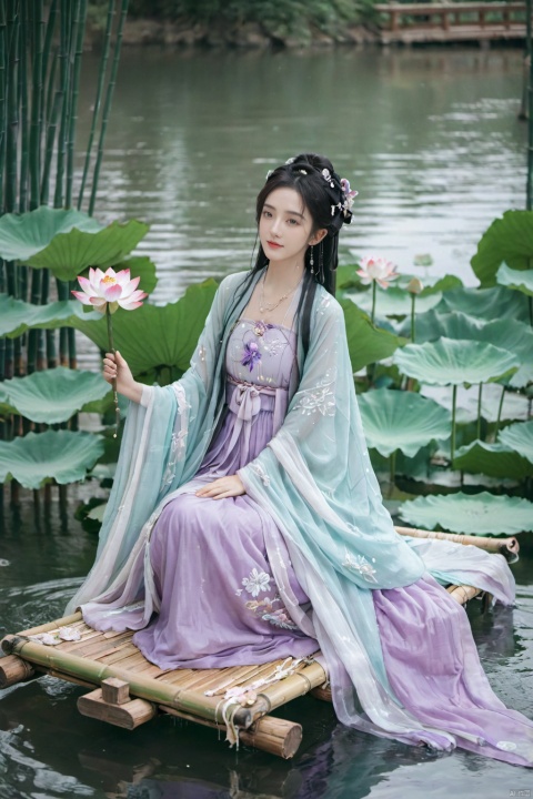  1girl, solo, long hair, white hair,Hairpins,necklace, hair ornament, long dress, full body, flower, earrings, (A beautiful girl sitting on a bamboo raft in the water, swimming downstream:1.2), (Huge lotus, rain:1.2), (full body), (aqua_china_dress:1.2), hair bun, (purple dress:1.1),(Tube top Hanfu long skirt:1.2), pillow, bed, night, chinese clothes, table, branch,daxiushan, ,daxiushan style,(huge breasts:2.1), (full breasts:1.7), realistic,hanfu, daxiushan,Shoulders are exposed, , daxiushan, arien_hanfu, yaya