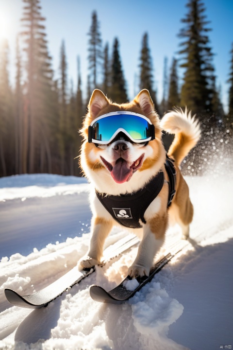  The protagonist dog, skiing in the snow, wearing protective goggles, looks at the camera, splashing snow, setting sun and forest background, dynamic shots