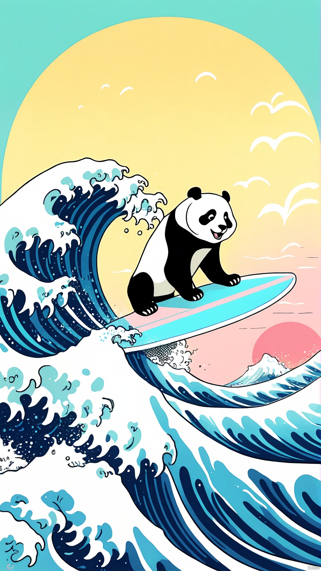  Pastel color palette, in dreamy soft pastel hues, pastelcore, pop surrealism poster illustration || A Majestic and trained panda surfing on a surfboard on The Great Wave off Kanagawa While holding a vinyl record in its hand || bright hazy pastel colors, whimsical, impossible dream, pastelpunk aesthetic fantasycore art