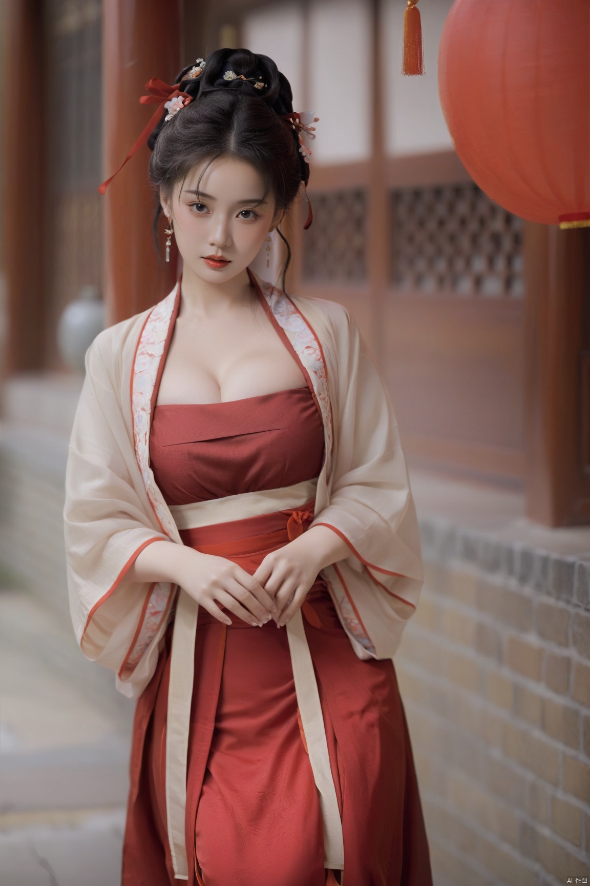  (masterpiece, top quality, best quality, official art, beautiful and aesthetic:1.2),gf-hd, 1girl, solo, hair ornament, jewelry,hanfu dress, red dress, earrings, chinese clothes, brown hair, ribbon, hanfu, red ribbon, shawl, song_hanfu,(big breasts:1.39), monkren