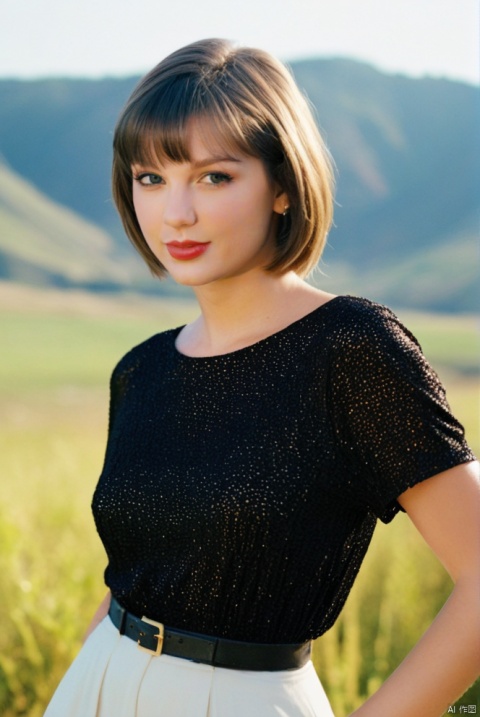  beautiful girl standing with beautiful vally in background, age 20, black short hair, waist shot, dynamic pose, smiling, dressed in fashion outfit, beautiful eyes, sweet makeup, 35mm lens, beautiful lighting, photorealistic, soft focus, kodak portra 800, 8k, Taylor Swift