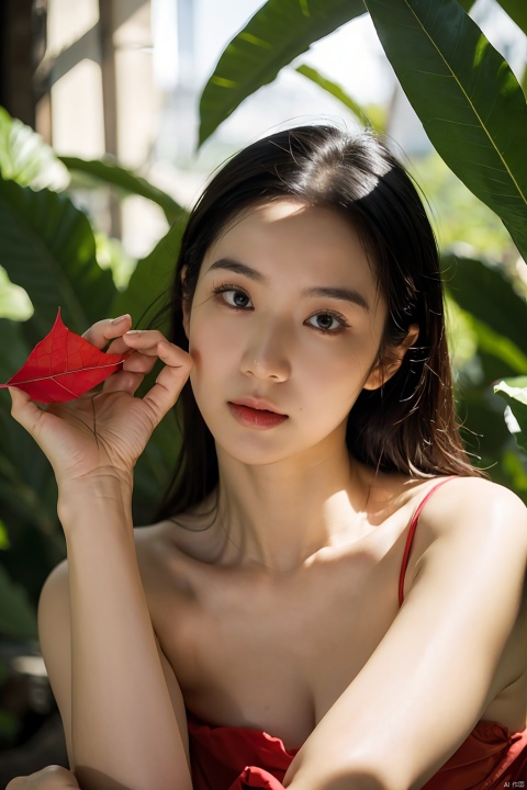  The image features a beautiful young woman holding a red leaf in her hands, bathed in warm light. Her expression is serene and dreamy, and her hands are gracefully folded. The colors are primarily brown and green, with the red leaf standing out. The style is ethereal and soft, with a focus on the woman's face and the leaf. The lighting is well-done, with interesting shadows and depth. The woman's outfit is not clearly visible, but the focus is on her as a subject. Overall, the image is beautiful, evocative, and technically proficient, making it a truly exceptional photograph.