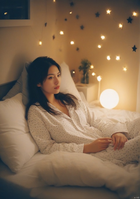  Rainy day, night, A girl, Wear cute pajamas, Lying in bed., Quiet nights, Lovely bedroom style, Warm, Star lights, Film texture, Like a picture.