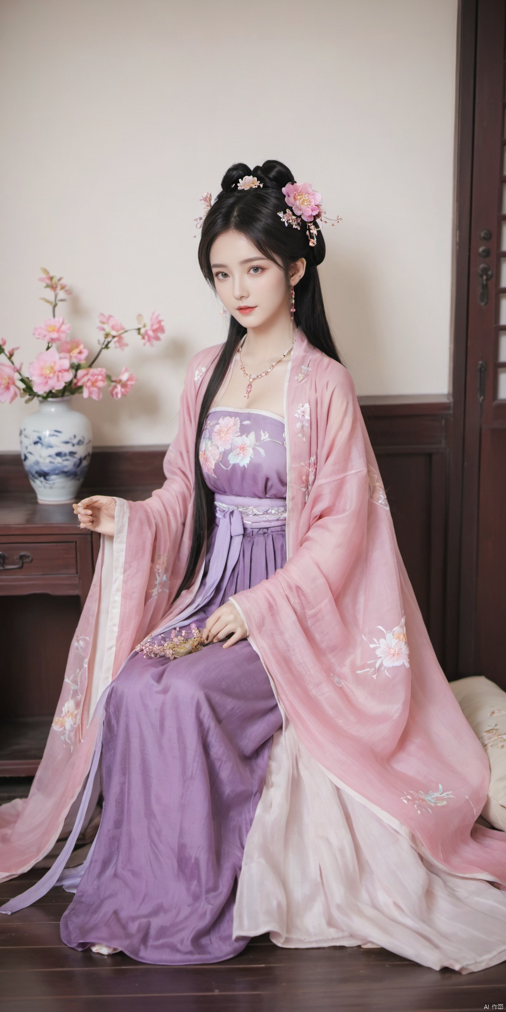  1girl, solo, long hair, black hair,Hairpins,necklace, hair ornament, dress, full body, flower, earrings, indoors, hair bun, (purple-pink dress),(Tube top Hanfu long skirt:1.1), pillow, bed, night, chinese clothes, table, branch,daxiushan, ,daxiushan style,(huge breasts:1.79), (full breasts:1.59), realistic,hanfu, daxiushan,Shoulders are exposed, , daxiushan, arien_hanfu, FilmGirl