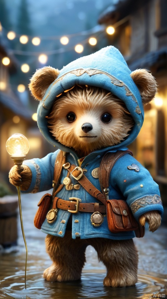  Hyper-detailed painting, Jean-Baptiste Monge style, The cute little brave bear is in the novice village, wearing adventurer clothes, splash, glittering, cute and adorable, filigree, lights, fluffy, magic, surreal, fantasy, digital art, ultra hd, hyper-realistic illustration, vivid colors, UHD, cinematic perfect light, greg rutkowski, 3DIP, tr mini style, Sewing doll