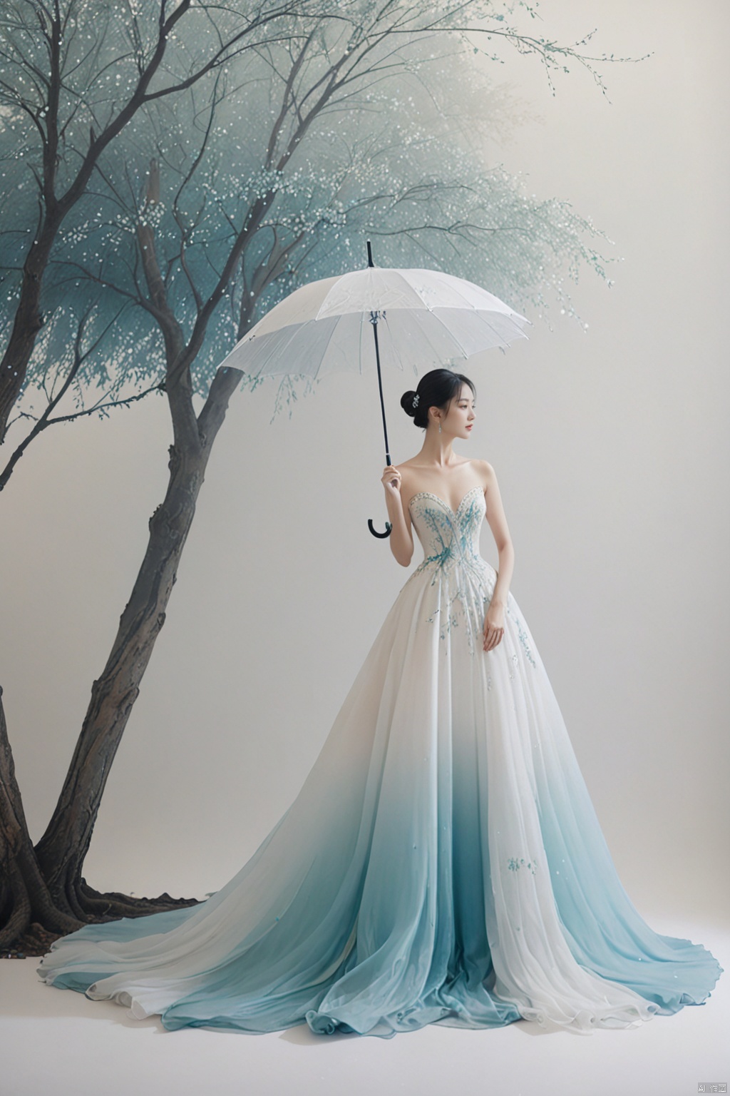  
/I Foreground a tree, Chinese beauty holding an umbrella, cyan and white color matching, ink painting minimalist style, large white space, tulle translucent material, soft gradient, perspective aesthetics