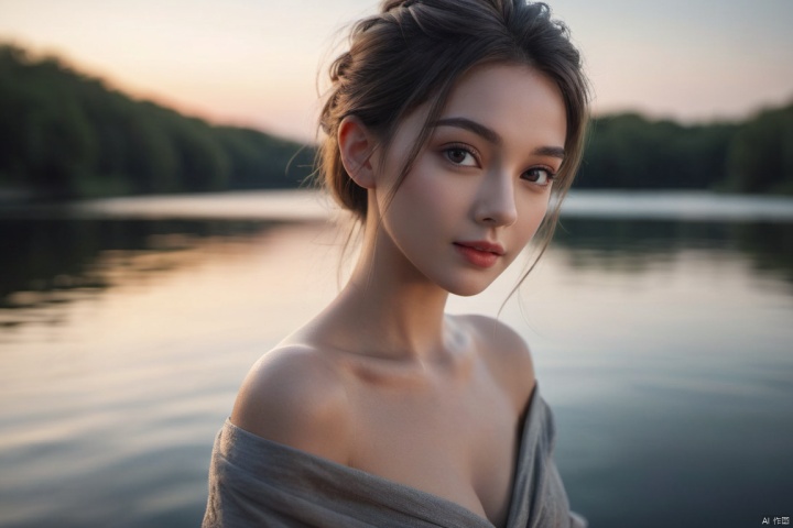  Best quality,masterpiece,ultra high res,(photorealistic:1.4),(1girl:1.3),outdoors,(half body:1.5),1 girl, grey eyes, glowing eyes, (radiant:1.2), (beside the lake:1.3),Off shoulder chest wrap, (night:1.3), dark theme, low key, (upper body:1.4),glass
