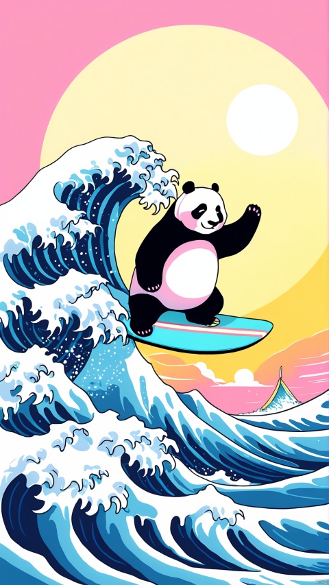  Pastel color palette, in dreamy soft pastel hues, pastelcore, pop surrealism poster illustration || A Majestic and trained panda surfing on a surfboard on The Great Wave off Kanagawa While holding a vinyl record in its hand || bright hazy pastel colors, whimsical, impossible dream, pastelpunk aesthetic fantasycore art